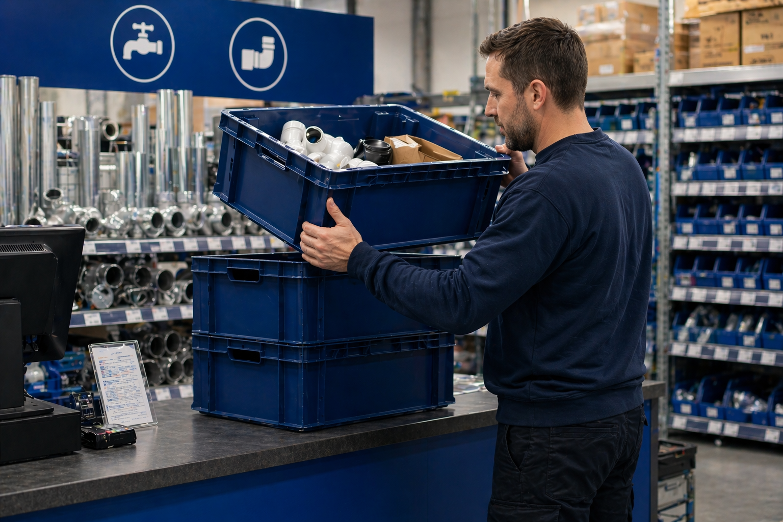 Plumbing supply store employee at the counter — reusable B2B packaging in retail distribution