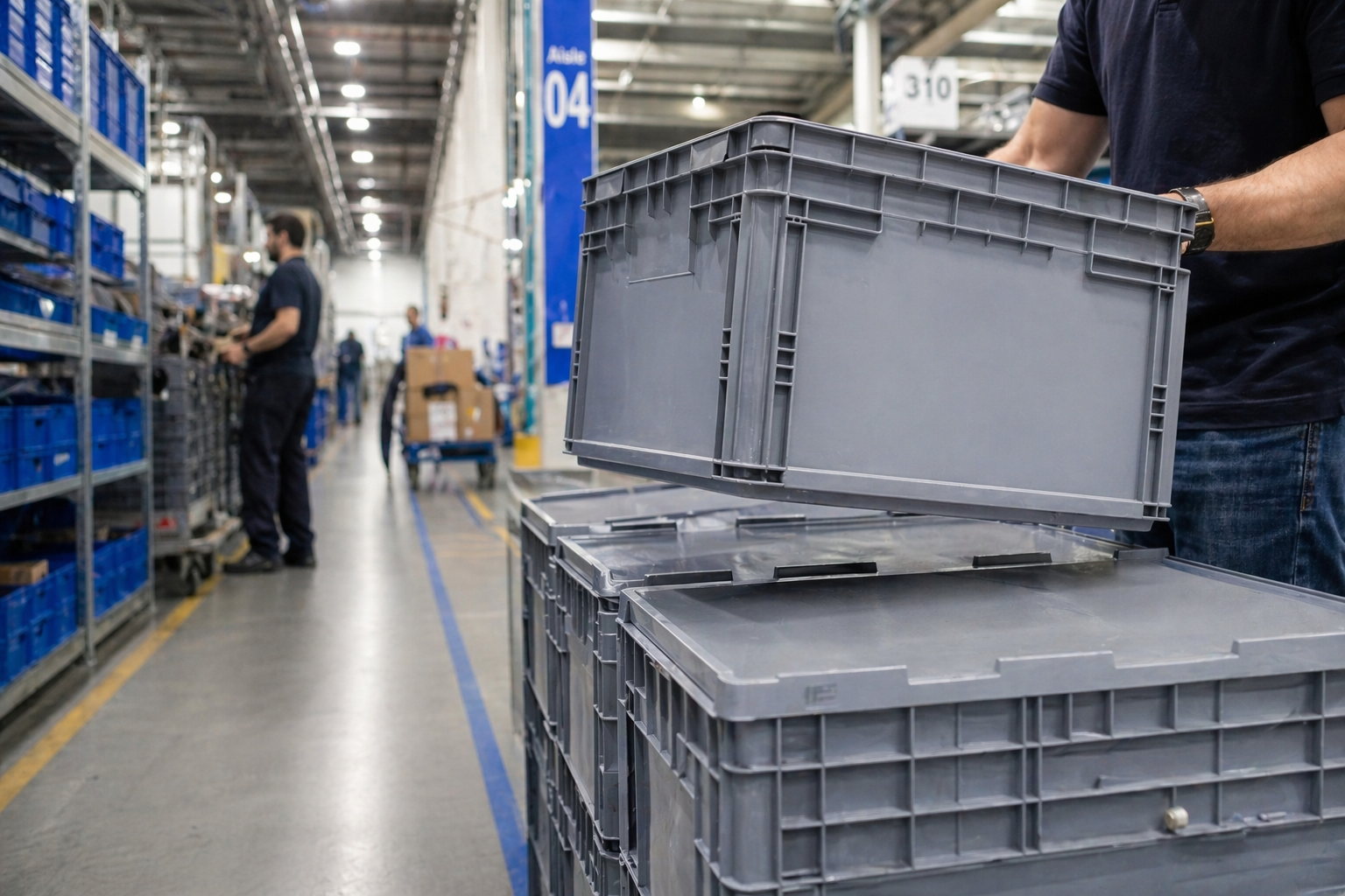 RE-ZIP reusable plastic boxes stacked for B2B distribution